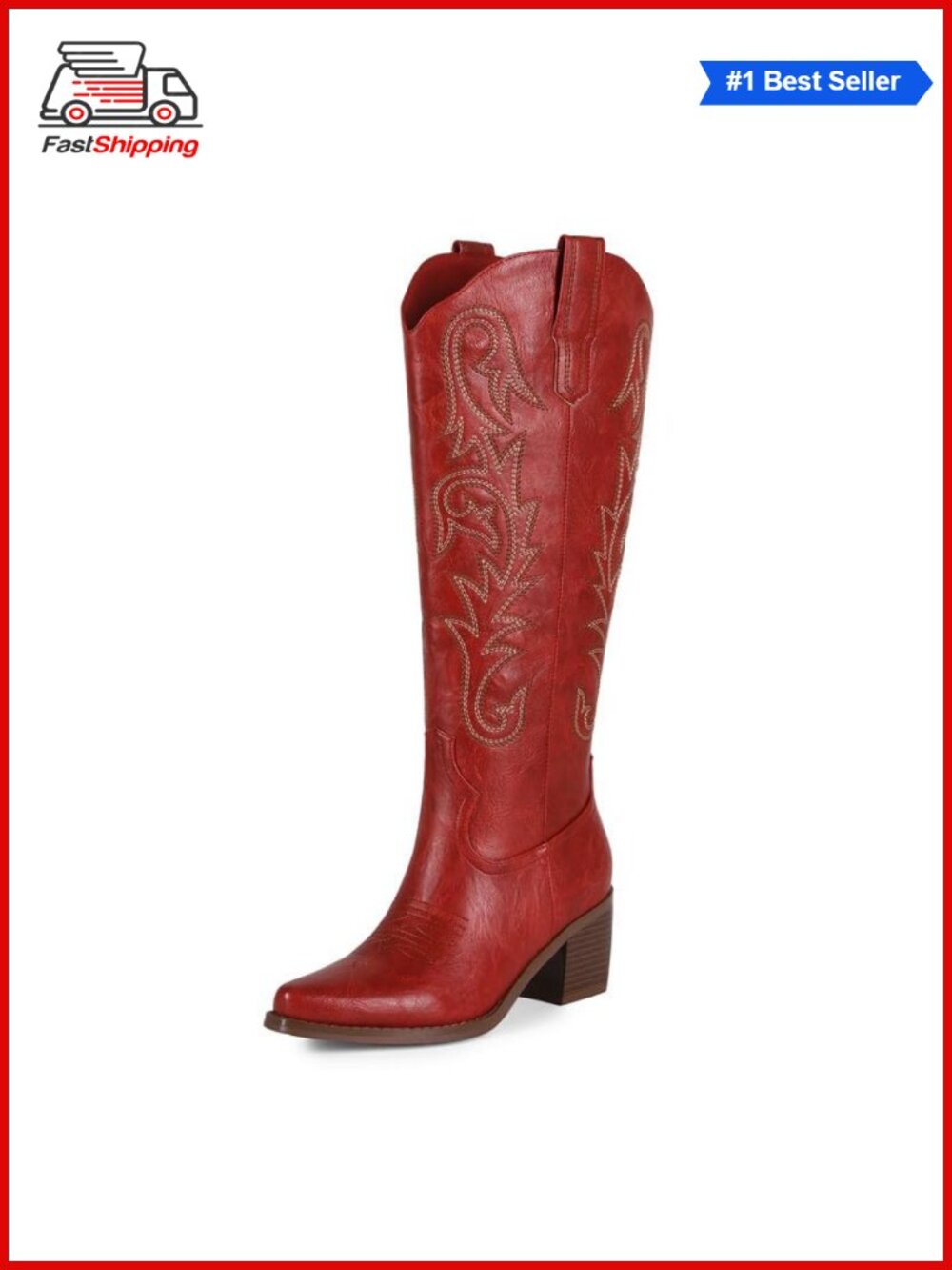 ⨠Women's Knee High Cowboy Boots Pointed Toe Faux Leather Block Heel Pull On